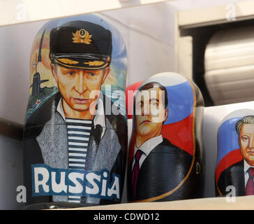 Russia`s 2012 Presidential Election Campaign starts. Pictured: Matryoshka dolls of Russia`s prime minister Vladimir Putin in Russian Navy uniform (l) and Russia`s President Dmitry Medvedev (r). Stock Photo